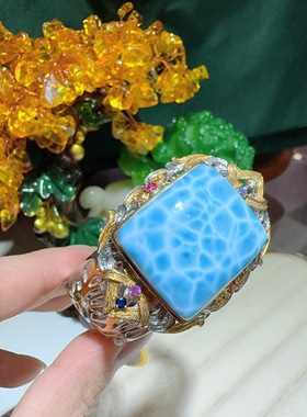 天然水晶海纹石拉利玛手镯925银镶嵌意大利工艺女款手环大气活口