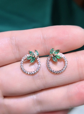 天然水晶宝石祖母绿耳钉女款s925银镀玫瑰金镶嵌颜色浓郁