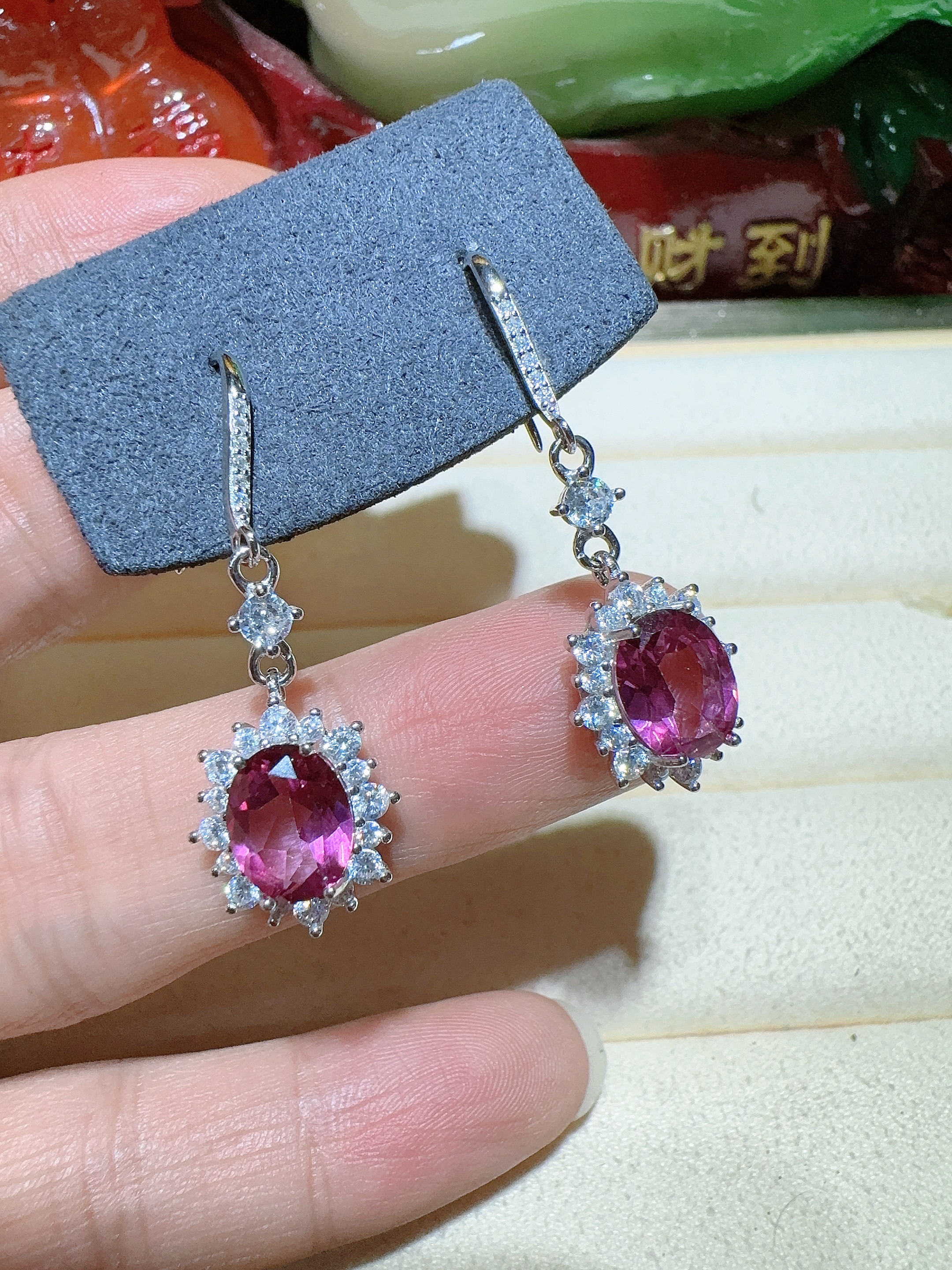 天然水晶粉托帕耳钉925纯银镶嵌女款可调节珠宝首饰粉色