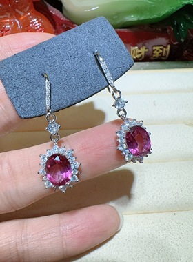 天然水晶粉托帕耳钉925纯银镶嵌女款可调节珠宝首饰粉色