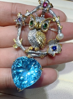 天然水晶托帕石吊坠925银镶嵌体颜色好意大利工艺女款猫头鹰