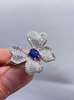 天然蓝宝石戒指s925纯银镶嵌活口女款蝴蝶夸张大气款宝石珠宝彩宝