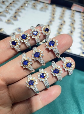 天然宝石彩宝蓝宝石戒指s925纯银镶嵌活口女款