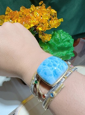 天然水晶海纹石拉利玛手镯925银镶嵌意大利工艺女款手环大气活口