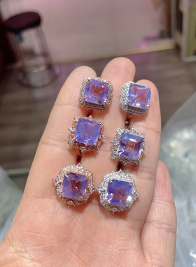 天然薰衣草紫水晶紫玉晶戒指s925银镶嵌活口女戒女款阿斯切方形