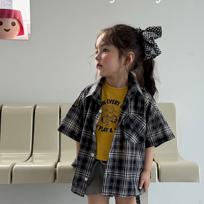 中大童女童休闲格子翻领短袖衬衫 ELLY韩国代购童装26夏款儿童529