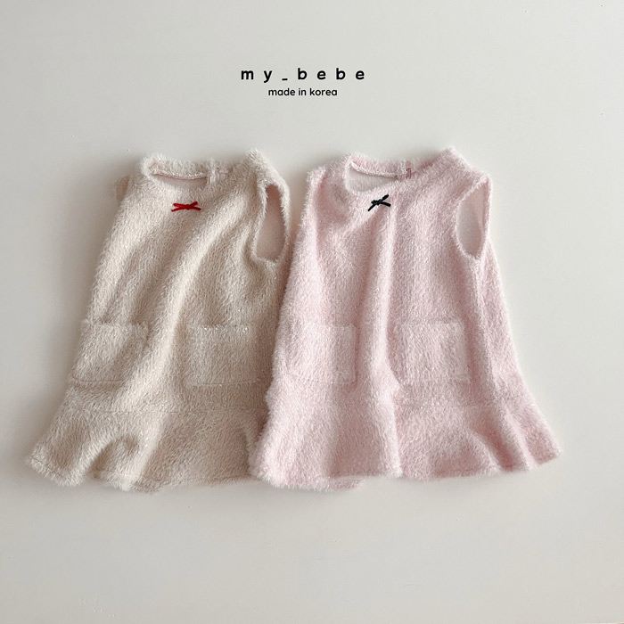 Mybebe毛绒蝴蝶结背心连衣裙 韩国代购进口童装25冬款小童女童137