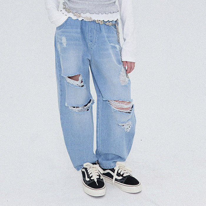 中大女童时尚破洞牛仔裤 FORK韩国代购进口童装26春款儿童长裤349