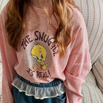 中小童条纹卡通长袖T恤 POISSON韩国进口童装26春款儿童女童143