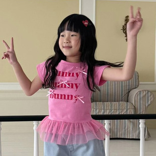 童装 BUNNY韩国代购 26夏儿童上衣2301 T恤 女童甜美网纱边字母短袖
