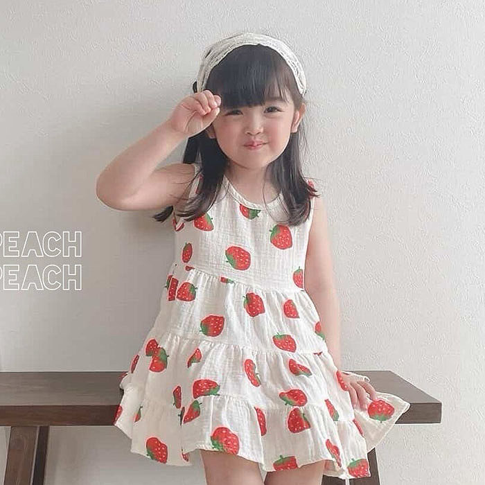 女童小童可爱草莓背心裙连衣裙 PEACH韩国代购童装26夏款裙子866