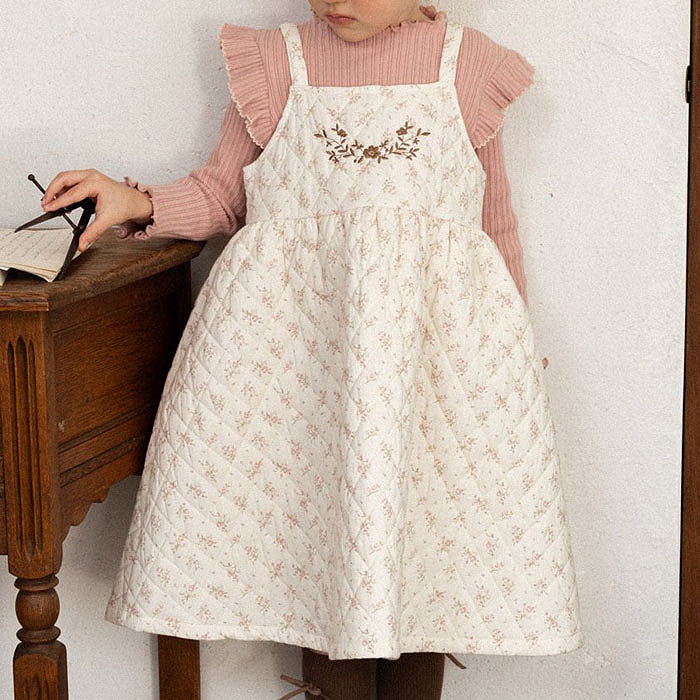 儿童绣花夹棉吊带连衣裙 韩国代购进口童装2025冬款女童裙子5201