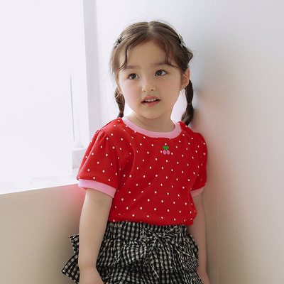 JAZZ女童波点樱桃拼色短袖T恤 韩国代购南大门童装26夏款小童6801