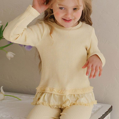 儿童小童荷叶边坑纹长袖T恤 FLO韩国代购童装26春款女童打底衫551