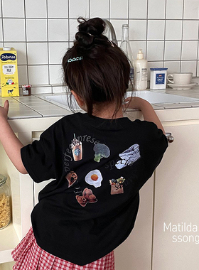 4折 现货7码 韩国童装夏款 MATILDA男女童爱心黑色短袖T恤986