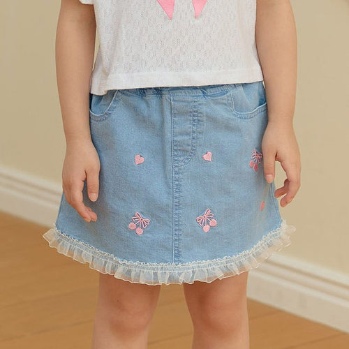 女童小童樱桃网纱边牛仔短裙 ERU韩国代购童装26夏款儿童裙裤941