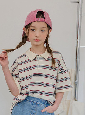 中大童女童条纹翻领短袖T恤Dore韩国代购进口童装26夏季POLO衫431
