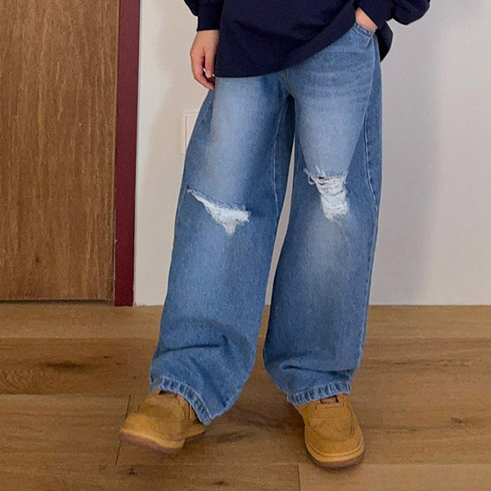 儿童时尚破洞直筒牛仔裤 OWEN韩国代购童装26春款中大男女童7511