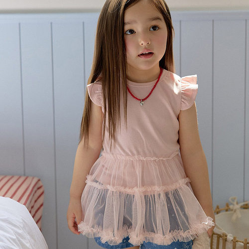 女童小童网纱拼接飞飞袖T恤 berry韩国童装代购26夏季儿童上衣040