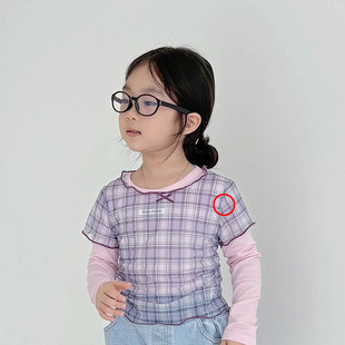 短袖 26夏季 T恤 童装 儿童上衣2301 BUNNY韩国代购 中大女童格子短款