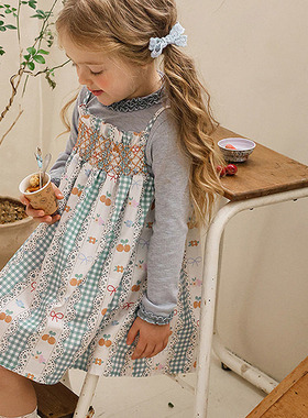 女童小童格子拼接吊带连衣裙 FLO韩国进口童装代购26春款儿童551