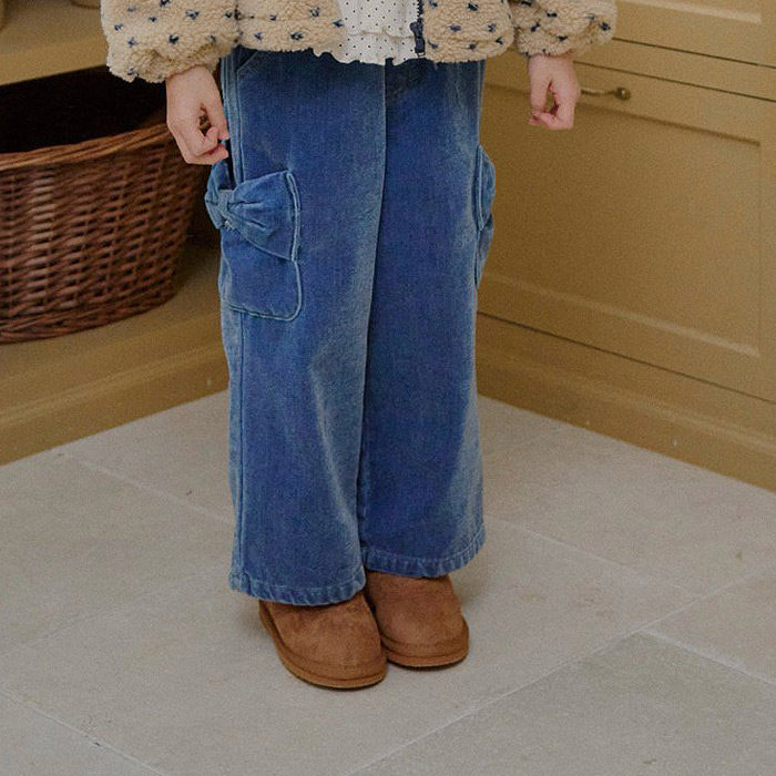 儿童金丝绒蝴蝶结加绒牛仔裤 LAGO韩国代购童装25冬款女童长裤564