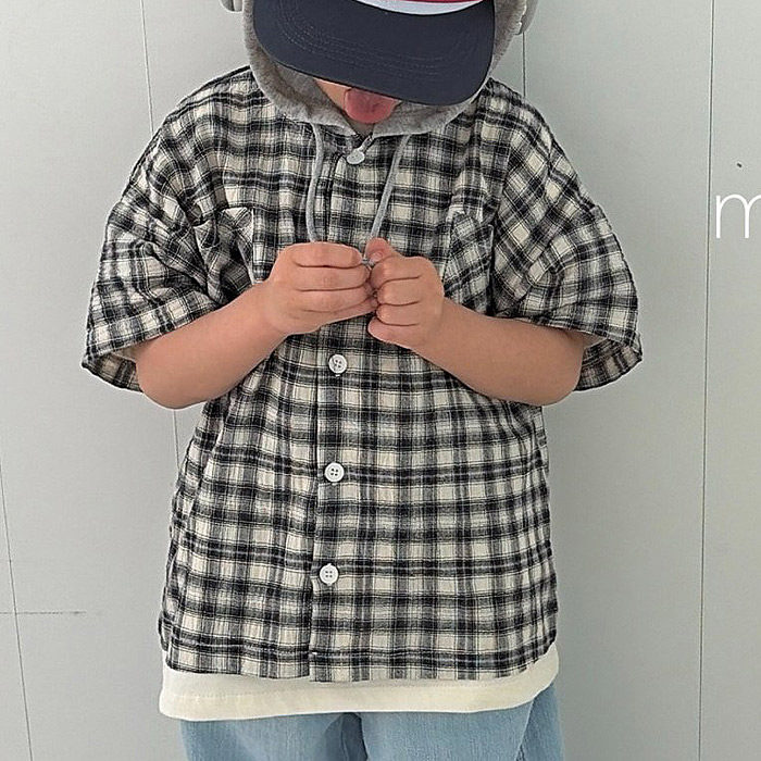 中大童男女童格子连帽短袖卫衣mamami韩国代购童装26夏款儿童621