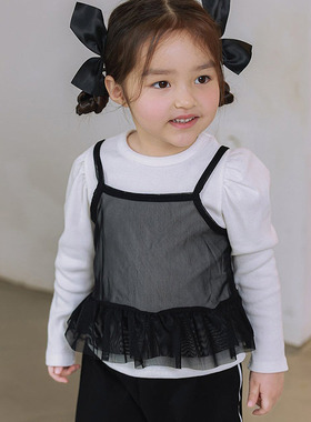 JAZZ女童网纱吊带长袖T恤两件套 韩国进口童装代购26春款儿童6801