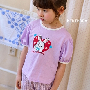 上衣797 T恤 2024夏款 MORA韩国南大门童装 代购 女童爱心兔子泡泡袖
