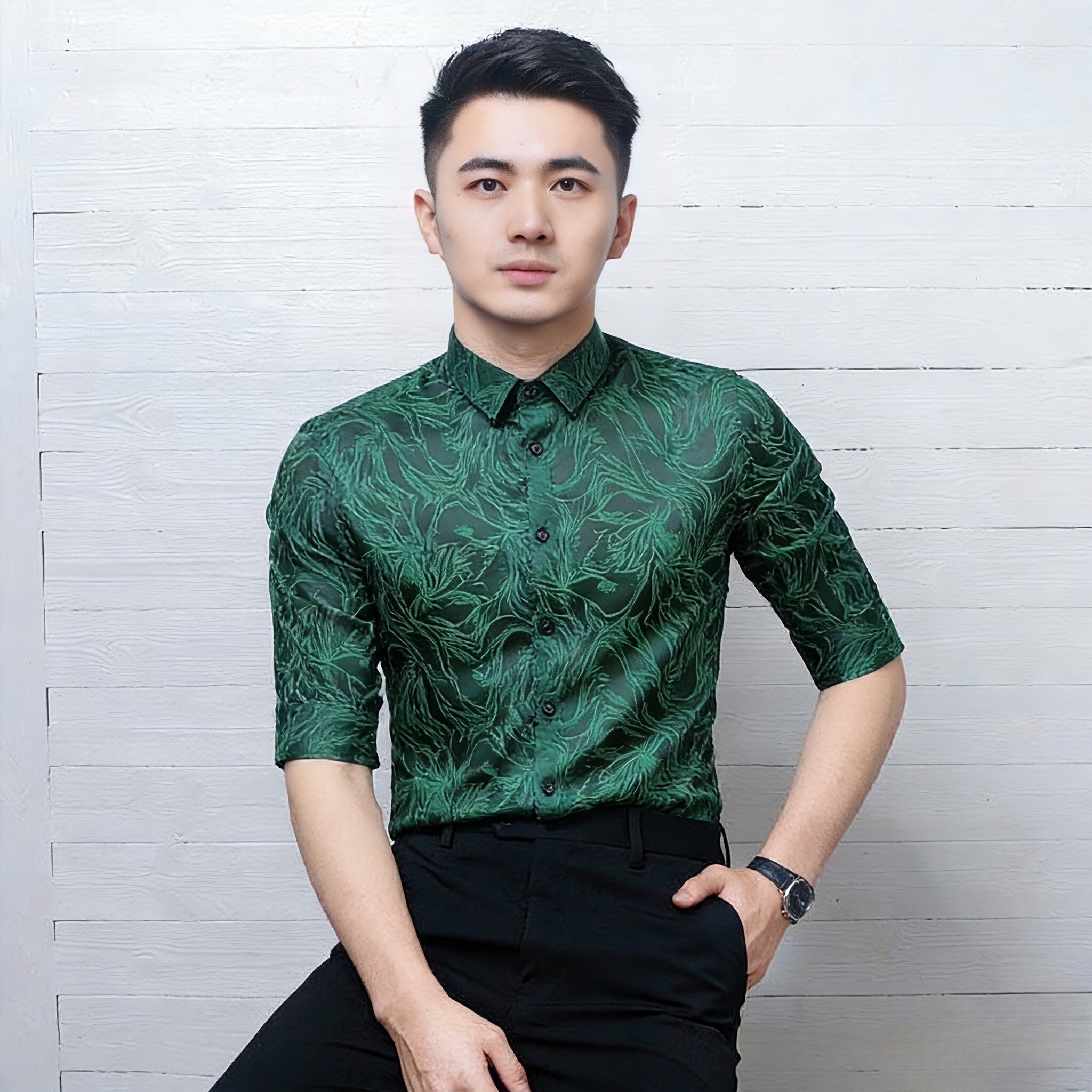 2026新款韩版男士修身衬衣中袖五分翻领个性花纹痞帅潮流上衣时尚
