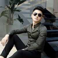 Áo sơ mi nam cá tính thương hiệu thủy triều lười gió nhà tạo mẫu tóc bảy điểm áo mùa thu dài tay trượt chất liệu miễn phí tay áo nóng - Áo áo sơ mi xanh dương