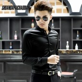 中袖 社会短袖 光滑料衬衫 男士 免烫抗皱韩版 绣花衬衣潮男长袖 寸衫 男