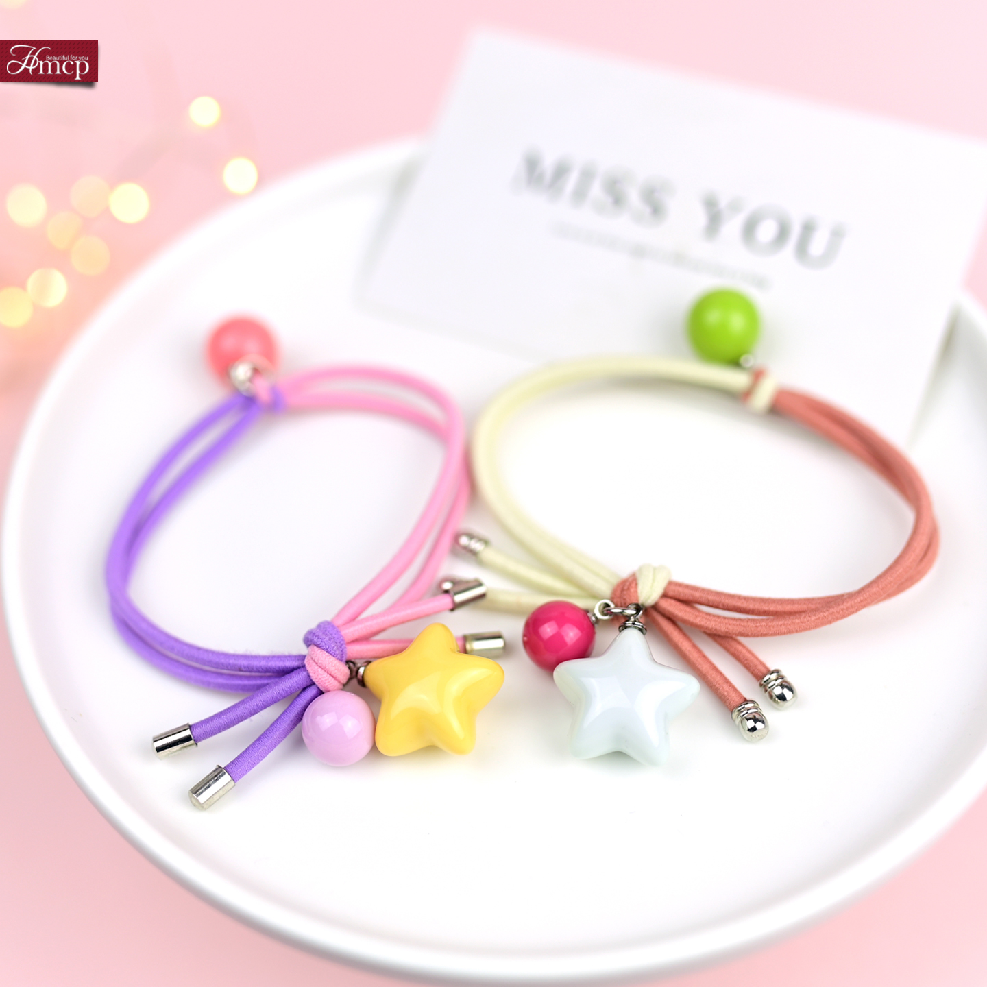 撞色头绳韩版甜美可爱少女学生球球星星打结双层高弹发圈儿童头饰