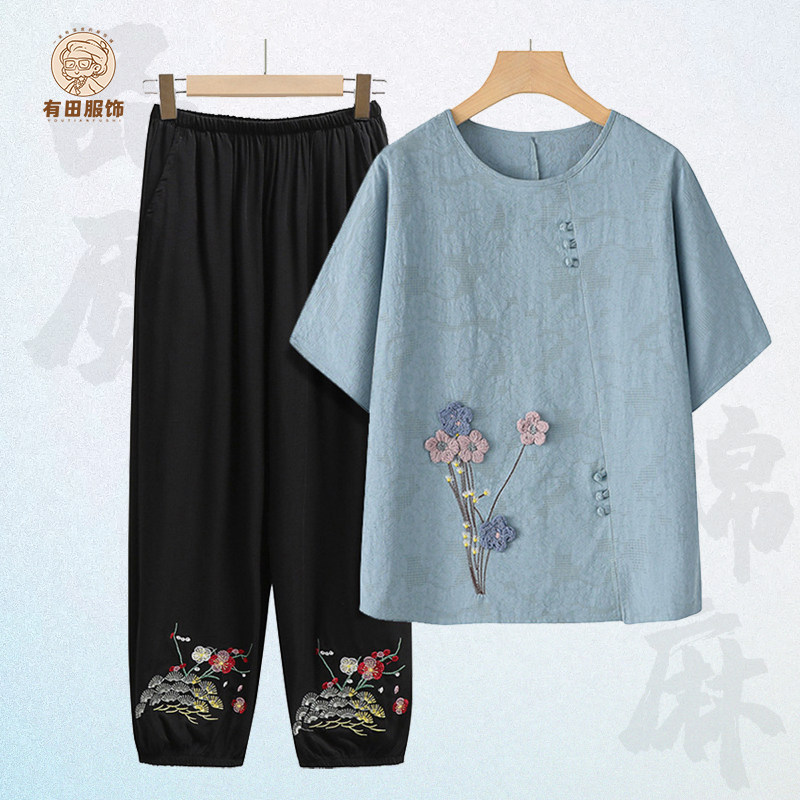 母亲节妈妈夏装短袖上衣女中老年薄款棉质洋气装老人太太衣服夏季