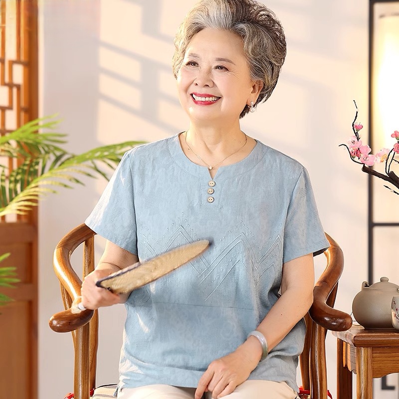 中老年洋气妈妈装高档棉质套装宽松夏季薄款短袖上衣新款奶奶衣服