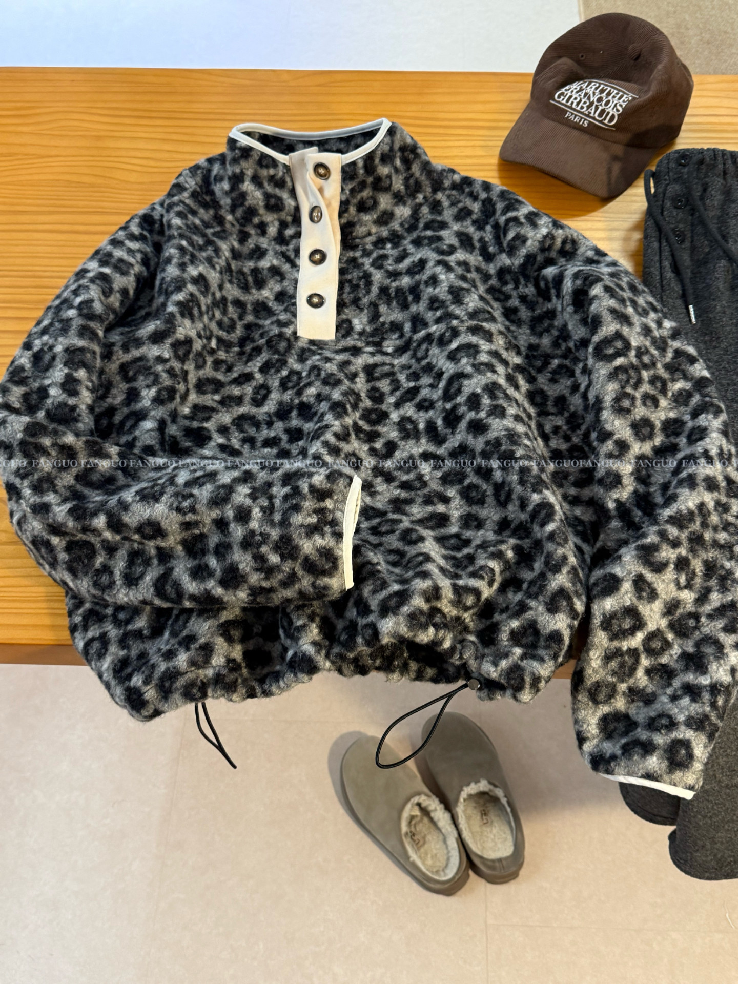 韩国单！保暖！慵懒风洋气复古豹纹撞色亨利领立领套头卫衣女上衣,女装/女士精品,短外套,淘宝优惠券,粉丝福利购,淘宝优惠卷