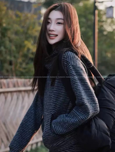 巨显瘦百搭 双面毛绒复古条纹连帽外套女 双拉链 韩国fur
