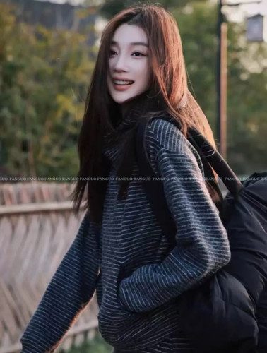 韩国fur*双拉链！巨显瘦百搭！双面毛绒复古条纹连帽外套女