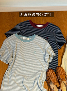 fanv* 正肩显瘦！日系复古撞色圆领刺绣条纹短袖T恤女包邮