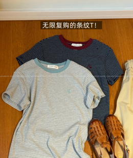 包邮 fanv T恤女 日系复古撞色圆领刺绣条纹短袖 正肩显瘦