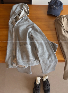 韩国fure！刺绣logo 双拉链毛圈棉休闲连帽卫衣外套女