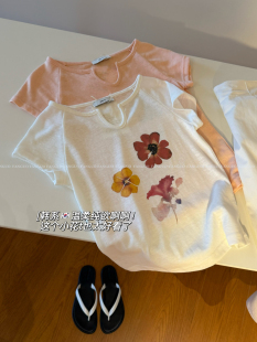 东大门  开襟V领花朵雪花竹节棉 正肩短款短袖上衣T恤女包邮