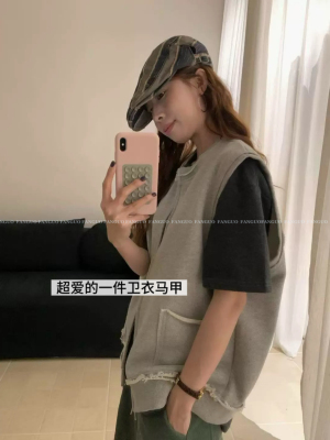 韩国rive* 帅痞随意休闲毛边毛圈全棉卫衣马夹双拉链外套女