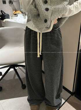 onuce 日系慵懒风条纹加绒阔腿裤保暖加厚休闲裤拖地裤遛弯裤