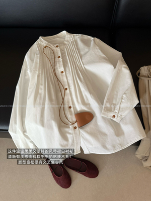 太爱了！文艺法式气质白色纯棉衬衫女立领风琴褶宽松衬衣