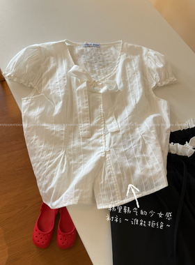 noko！锁死这一套 少女夯爆～蝴蝶结全棉肌理泡泡袖衬衫短款包邮