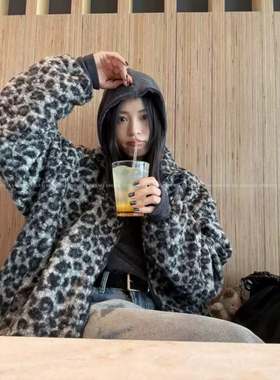 韩国erume  洋气又保暖！内里加厚绒 宽松男友风豹纹羊羔毛外套女