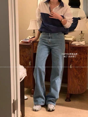 【韩国原单】FAR*EN fever！蓝色水洗棉高腰窄版直筒牛仔裤女