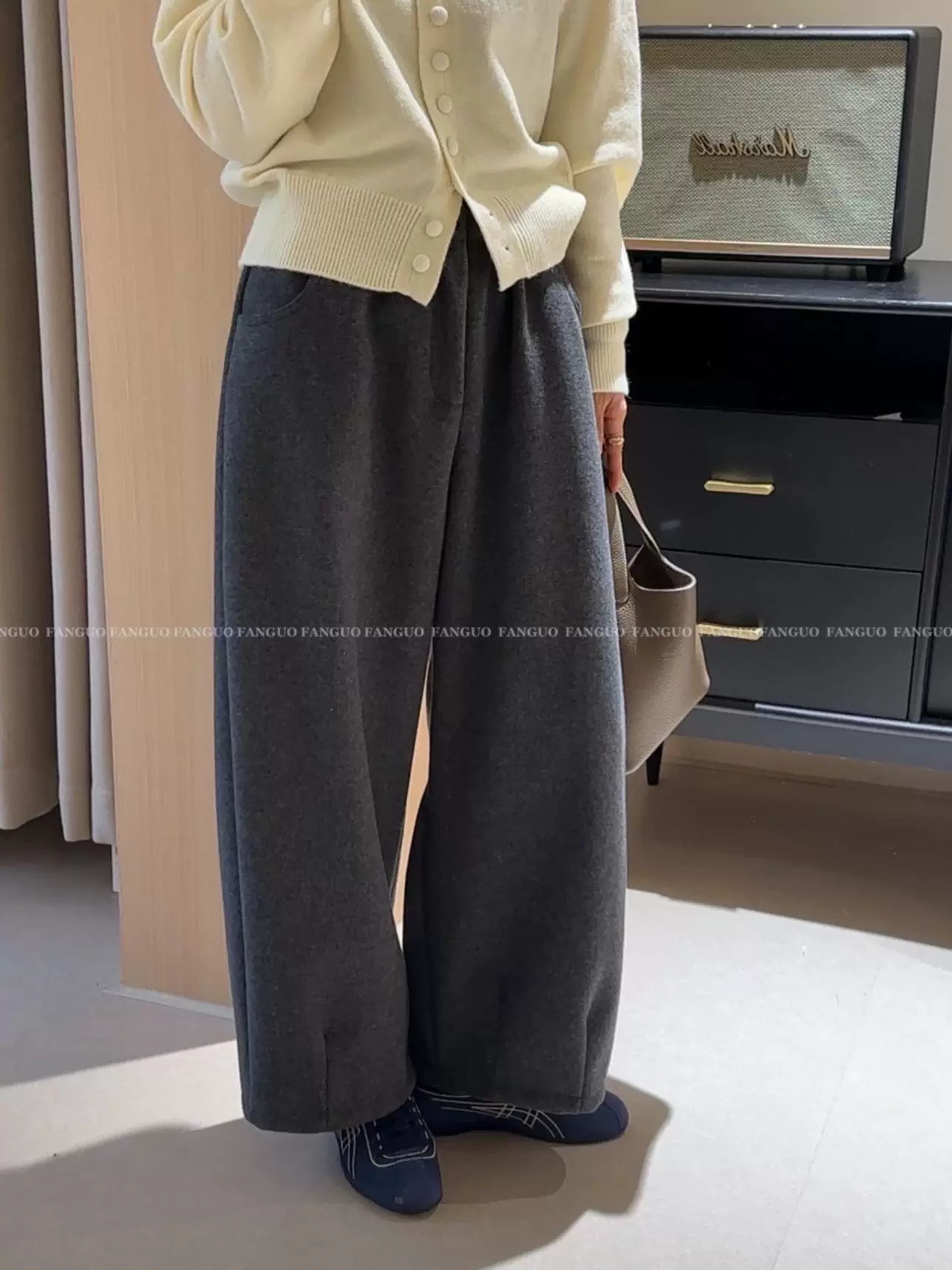 韩国订单 梨形天菜!极简is含羊毛弯刀裤九分毛呢休闲萝卜小暖裤子