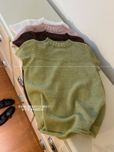 ainibi*巨爱这件！微透慵懒感卷边小飞袖 羊毛短袖针织衫女秋包邮